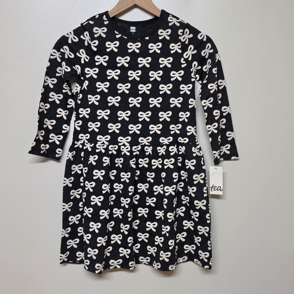 Tea Collection Girls Petit Ruban Long Sleeve Skirted Dress Black Bows Size 10